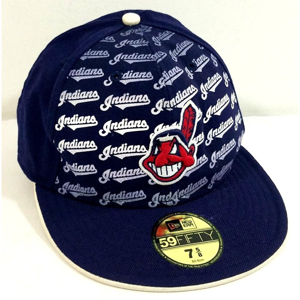 New Era 59Fifty Cleveland Indians Fitted Baseball Cap 7 5/8 Navy White MLB Hat